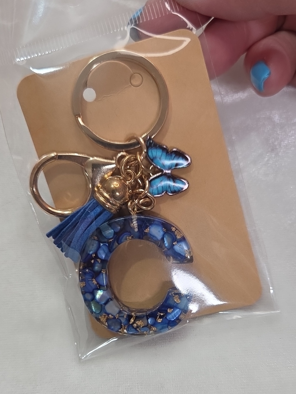 Blue Gold Initial Letter "C" Resin Keychain Purse Charm Tassel Butterfly Charms